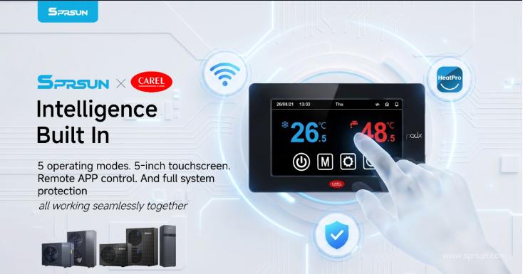 SPRSUN heat pump equipped with CAREL intelligent controller, offering 5 operational modes and remote mobile app control. SPRSUN bomba de calor equipada con controlador inteligente CAREL, que ofrece 5 modos de funcionamiento y control remoto mediante aplicación móvil.