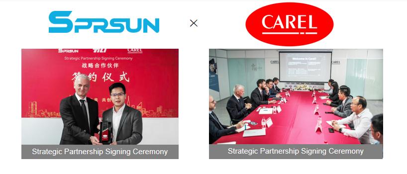 Executives shaking hands at the official strategic partnership signing ceremony between SPRSUN and CAREL for advanced heat pump technology. Ejecutivos se dan la mano en la ceremonia oficial de firma de la asociación estratégica entre SPRSUN y CAREL para tecnología avanzada de bombas de calor.
