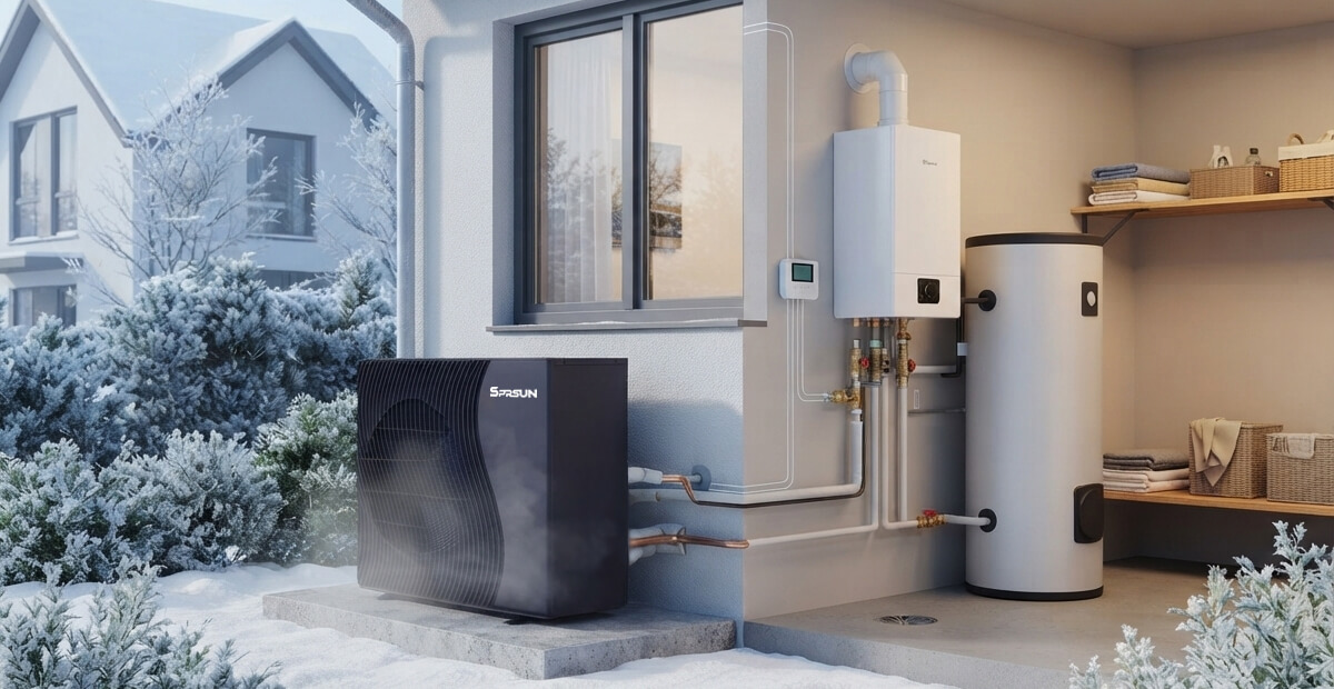 Diagram of heat pump and boiler in parallel hybrid operation, showing piping connections and intelligent backup heating logic Diagrama de bomba de calor y caldera en funcionamiento híbrido paralelo, que muestra las conexiones de tuberías y la lógica inteligente de calefacción de respaldo.